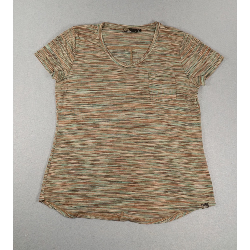 Prana Womens V-Neck T-Shirt M Space Dye Stripe Pocket Curved Hem Earthy Green